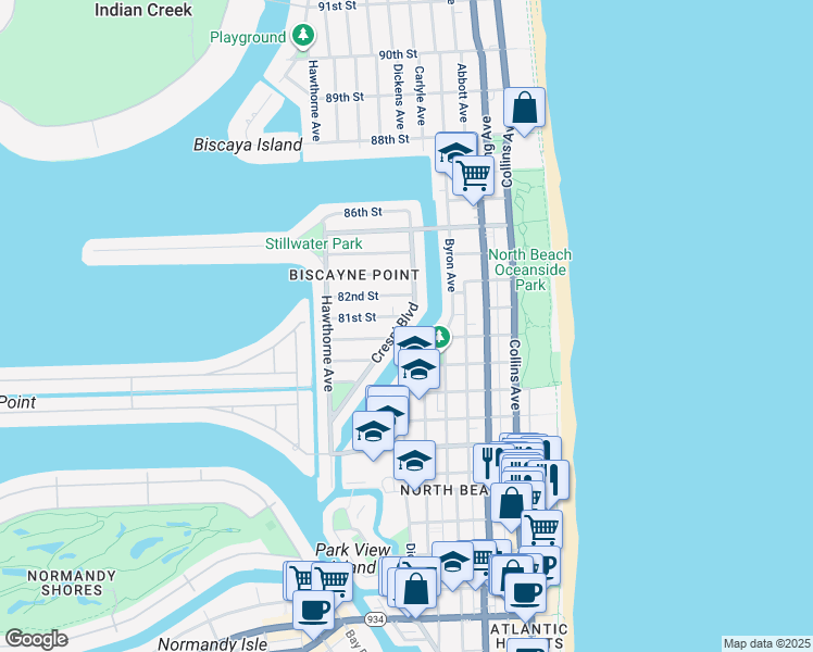 map of restaurants, bars, coffee shops, grocery stores, and more near 8021 Crespi Boulevard in Miami Beach