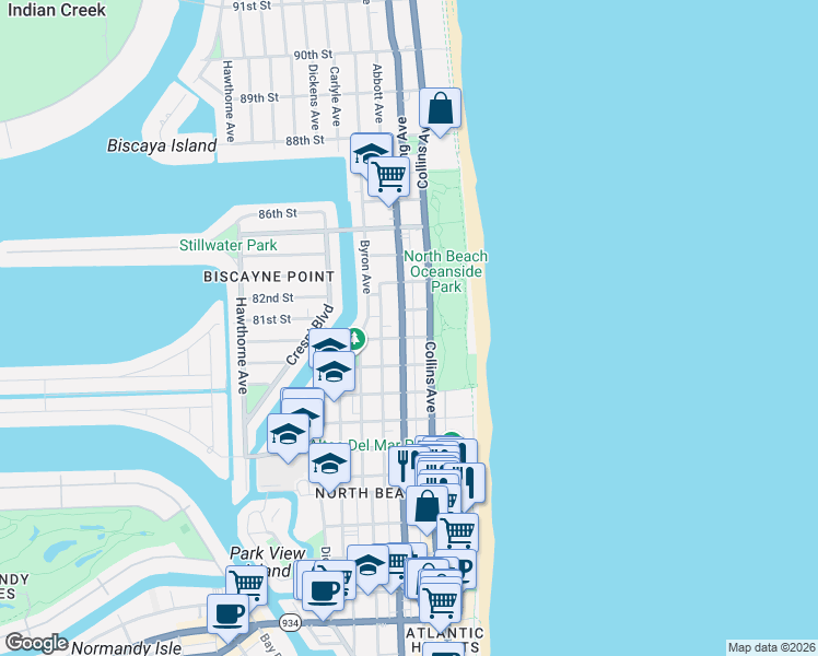 map of restaurants, bars, coffee shops, grocery stores, and more near 8040 Harding Avenue in Miami Beach