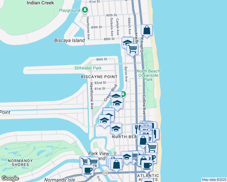 map of restaurants, bars, coffee shops, grocery stores, and more near 8021 Crespi Boulevard in Miami Beach
