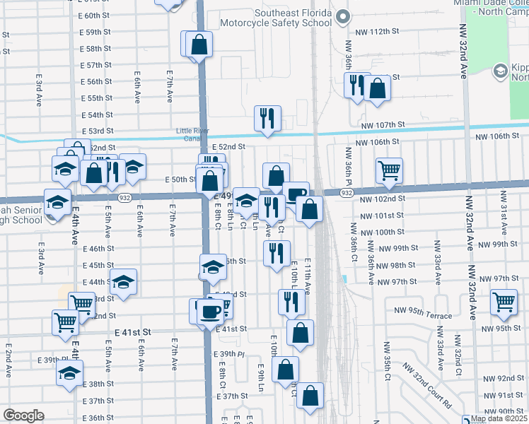 map of restaurants, bars, coffee shops, grocery stores, and more near 4737 East 9th Lane in Hialeah