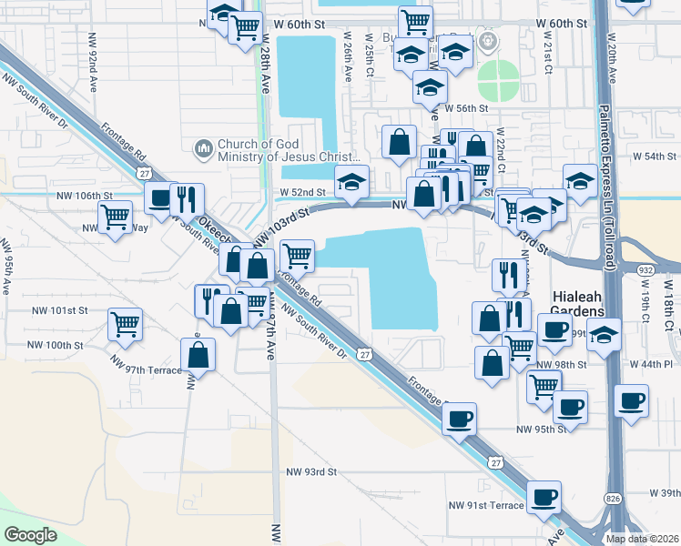 map of restaurants, bars, coffee shops, grocery stores, and more near 20 Okeechobee Frontage Road in Hialeah Gardens