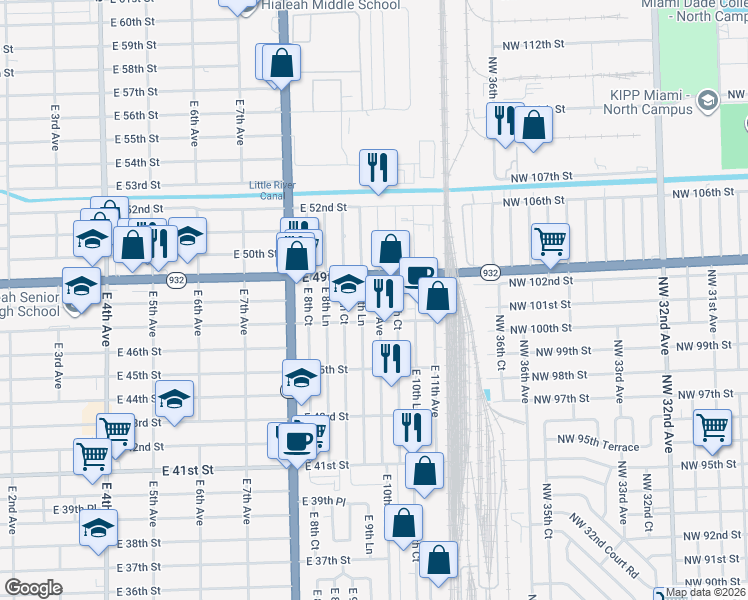 map of restaurants, bars, coffee shops, grocery stores, and more near 4737 East 9th Lane in Hialeah