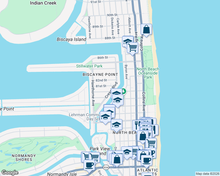 map of restaurants, bars, coffee shops, grocery stores, and more near 8021 Crespi Boulevard in Miami Beach