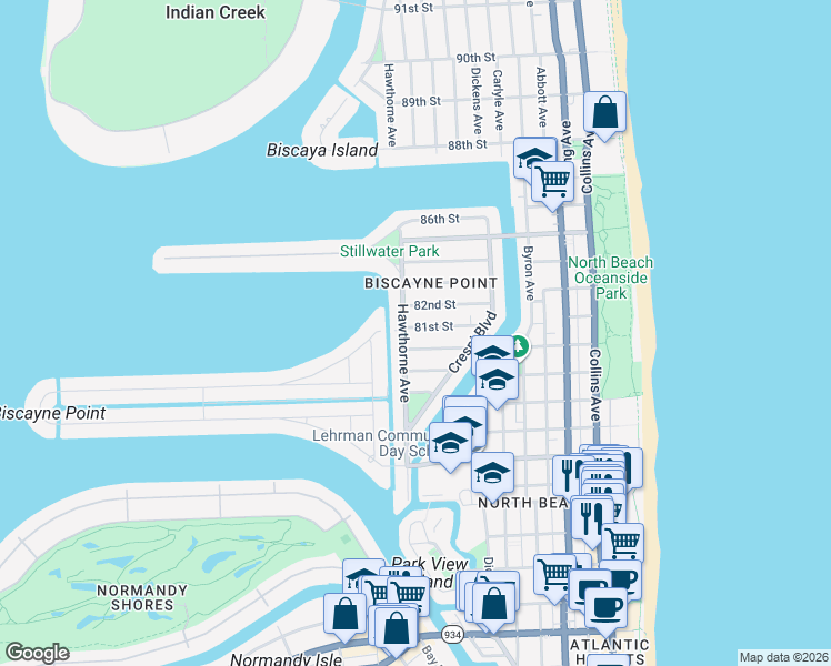 map of restaurants, bars, coffee shops, grocery stores, and more near 850 81st Street in Miami Beach