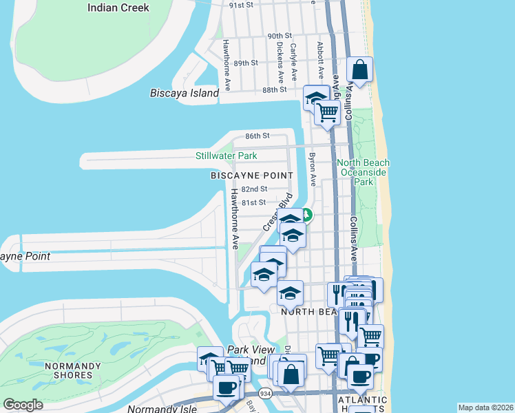 map of restaurants, bars, coffee shops, grocery stores, and more near 851 80th Street in Miami Beach