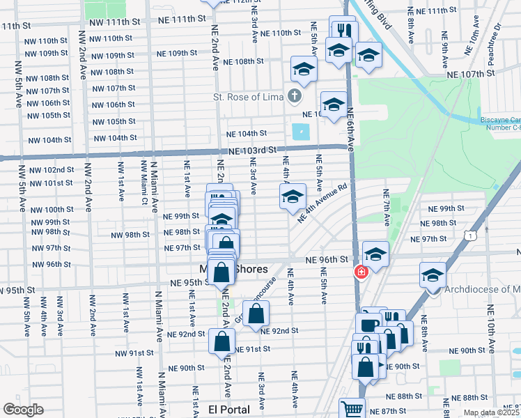 map of restaurants, bars, coffee shops, grocery stores, and more near 304 Northeast 99th Street in Miami Shores