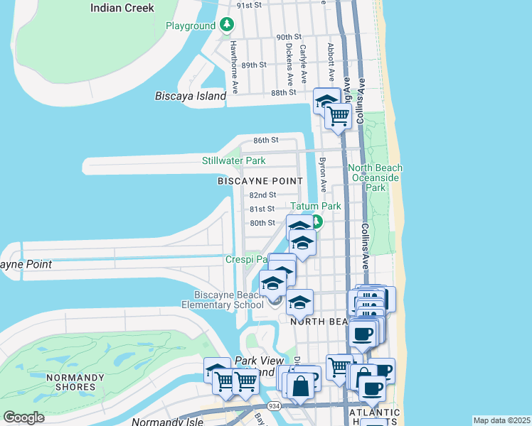 map of restaurants, bars, coffee shops, grocery stores, and more near 851 80th Street in Miami Beach