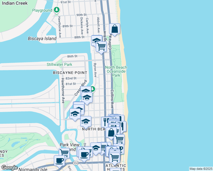 map of restaurants, bars, coffee shops, grocery stores, and more near 8040 Harding Avenue in Miami Beach