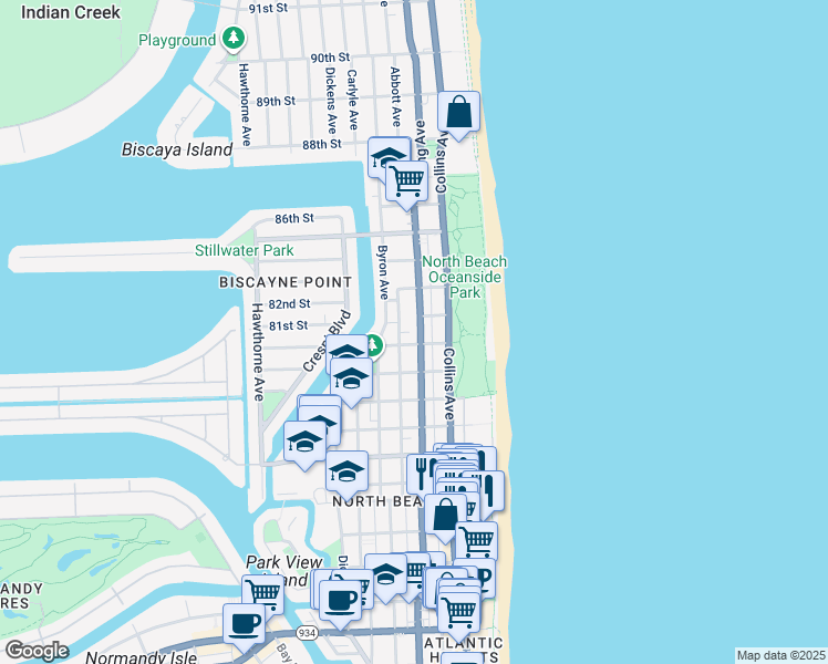 map of restaurants, bars, coffee shops, grocery stores, and more near 8040 Harding Avenue in Miami Beach