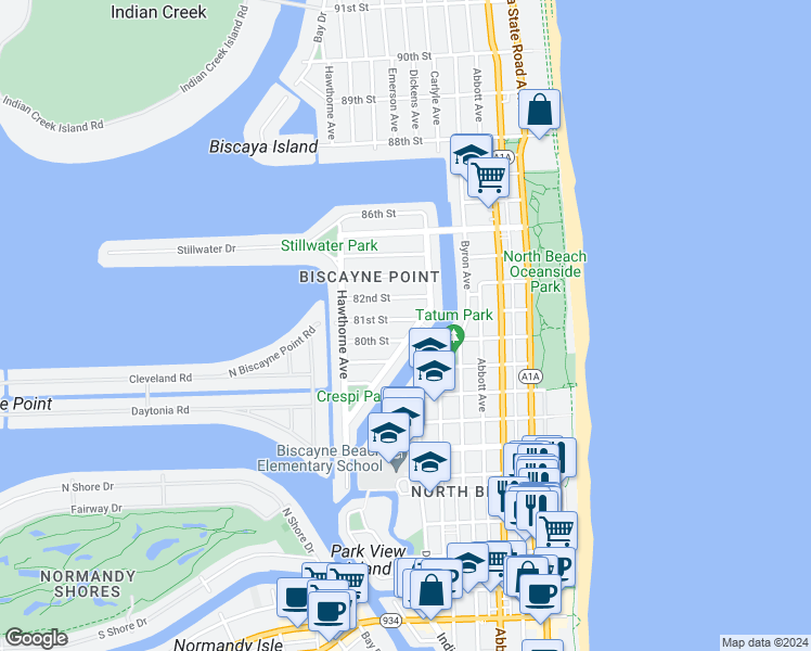map of restaurants, bars, coffee shops, grocery stores, and more near 8021 Crespi Boulevard in Miami Beach