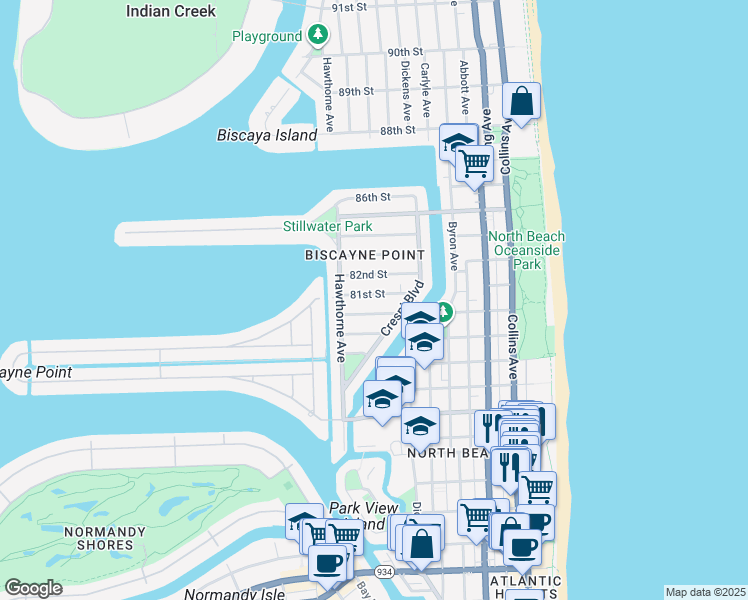 map of restaurants, bars, coffee shops, grocery stores, and more near 851 80th Street in Miami Beach