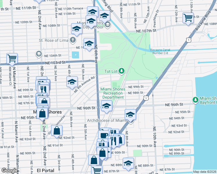 map of restaurants, bars, coffee shops, grocery stores, and more near in Miami Shores