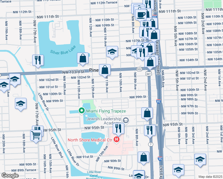 map of restaurants, bars, coffee shops, grocery stores, and more near 1077 Northwest 100th Street in Miami