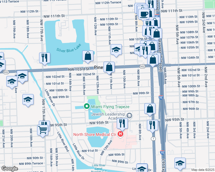 map of restaurants, bars, coffee shops, grocery stores, and more near 1150 Northwest 100th Street in Miami