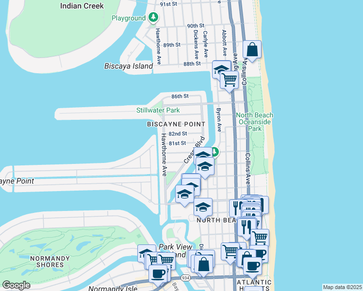 map of restaurants, bars, coffee shops, grocery stores, and more near 780 81st Street in Miami Beach