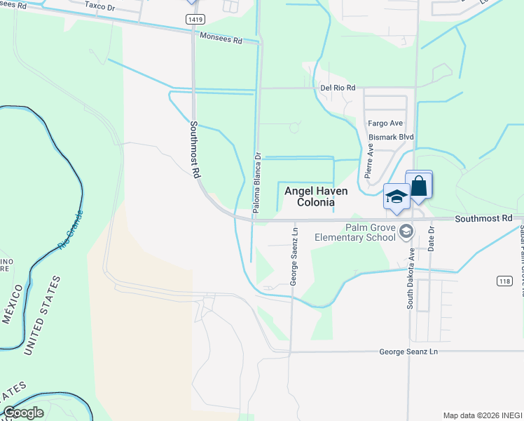 map of restaurants, bars, coffee shops, grocery stores, and more near 4595 Paloma Blanca Drive in Brownsville