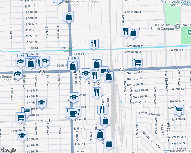 map of restaurants, bars, coffee shops, grocery stores, and more near 4725 East 10th Court in Hialeah