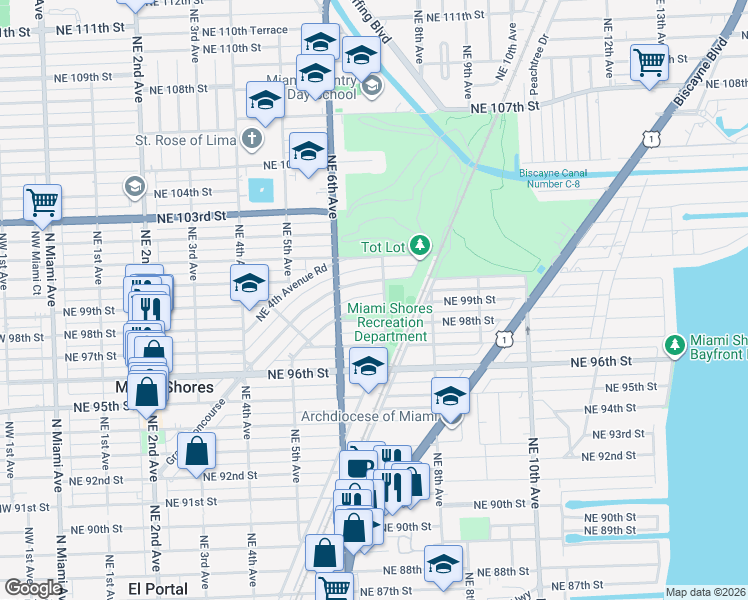 map of restaurants, bars, coffee shops, grocery stores, and more near in Miami Shores