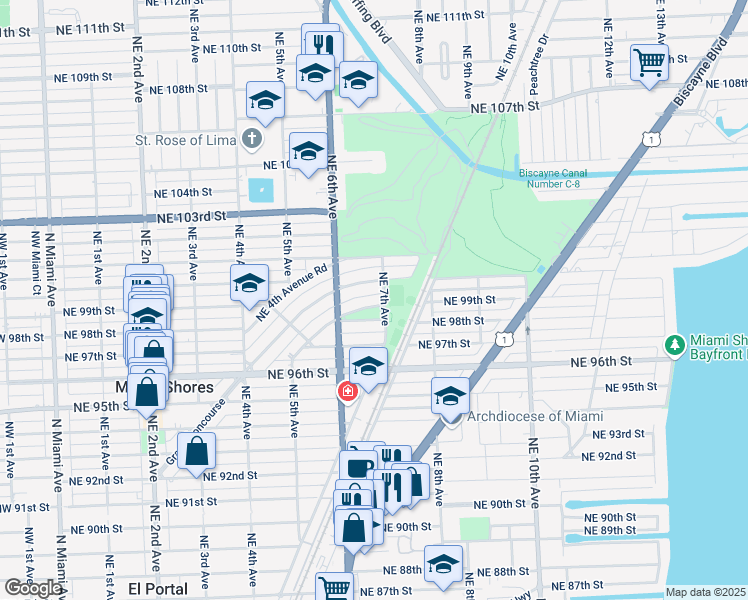 map of restaurants, bars, coffee shops, grocery stores, and more near in Miami Shores