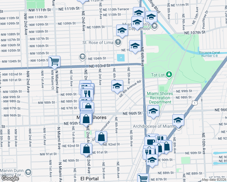 map of restaurants, bars, coffee shops, grocery stores, and more near 389 Northeast 99th Street in Miami Shores
