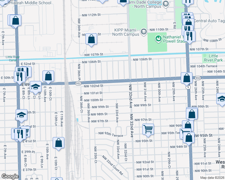 map of restaurants, bars, coffee shops, grocery stores, and more near 3310 Northwest 101st Street in Miami