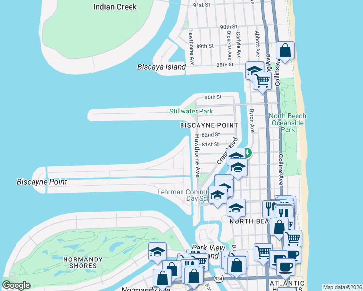 map of restaurants, bars, coffee shops, grocery stores, and more near 1155 North Biscayne Point Road in Miami Beach