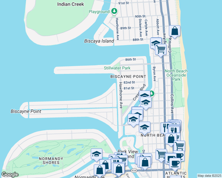map of restaurants, bars, coffee shops, grocery stores, and more near 1155 North Biscayne Point Road in Miami Beach