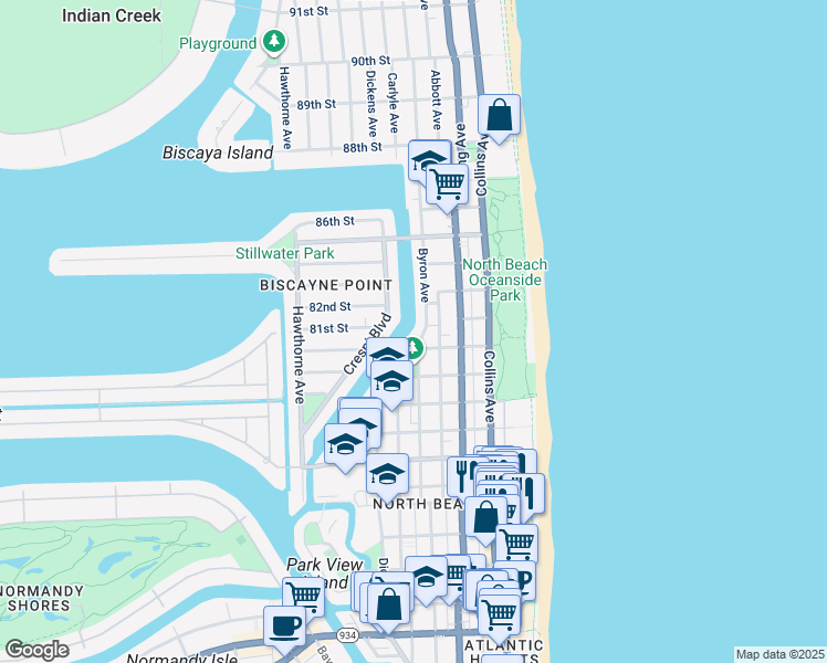 map of restaurants, bars, coffee shops, grocery stores, and more near 8080 Byron Avenue in Miami Beach