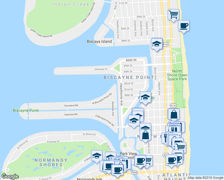 map of restaurants, bars, coffee shops, grocery stores, and more near 8060 Noremac Avenue in Miami Beach