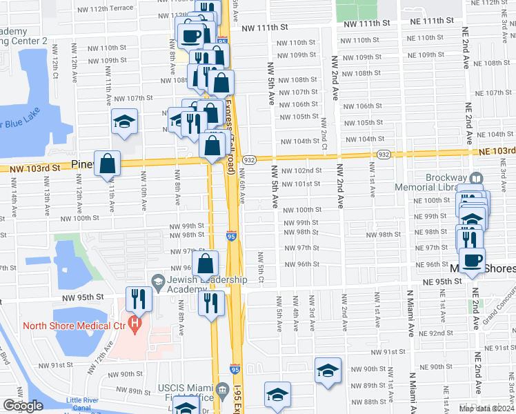 map of restaurants, bars, coffee shops, grocery stores, and more near 525 Northwest 99th Street in Miami