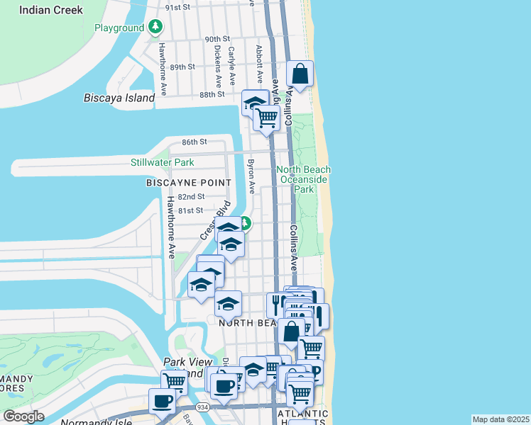 map of restaurants, bars, coffee shops, grocery stores, and more near 8129 Abbott Avenue in Miami Beach