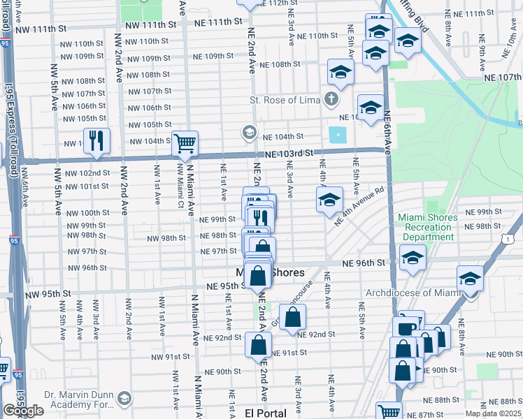 map of restaurants, bars, coffee shops, grocery stores, and more near in Miami Shores
