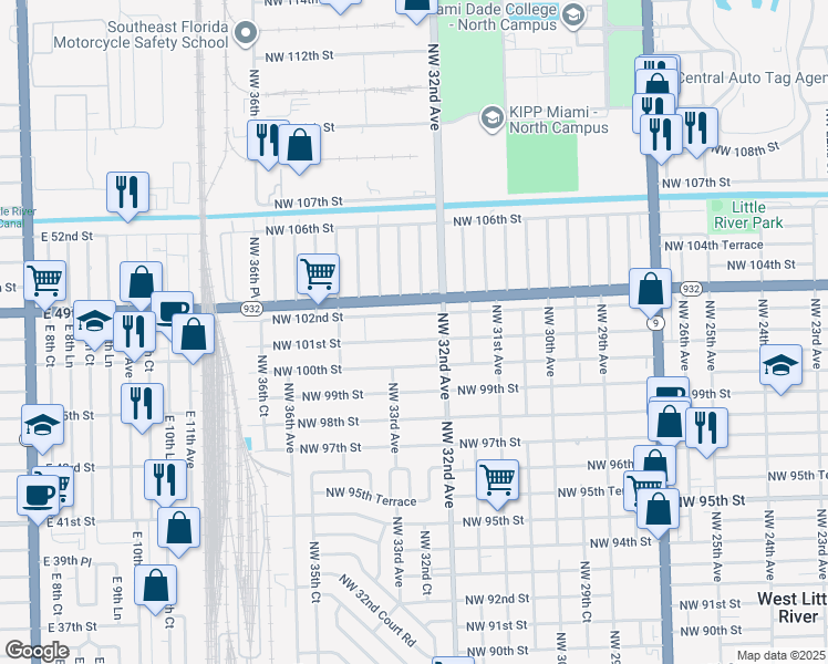 map of restaurants, bars, coffee shops, grocery stores, and more near 3232 Northwest 101st Street in Miami