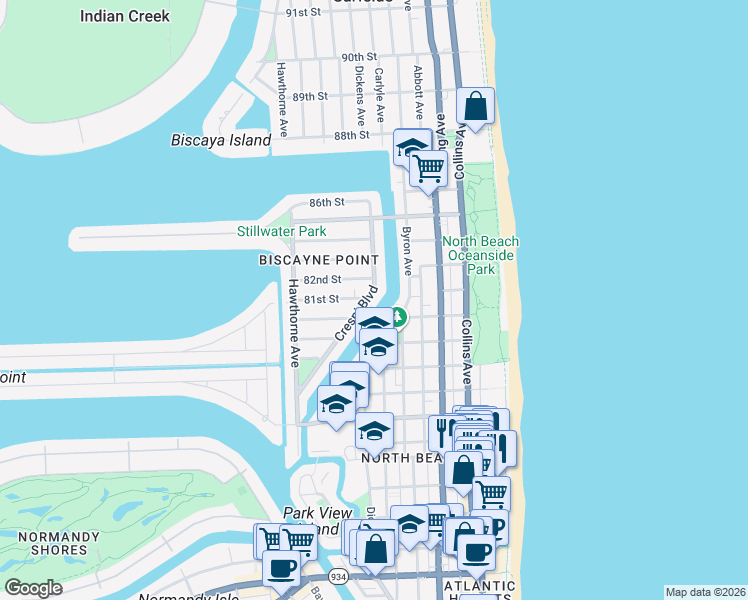 map of restaurants, bars, coffee shops, grocery stores, and more near 8021 Crespi Boulevard in Miami Beach