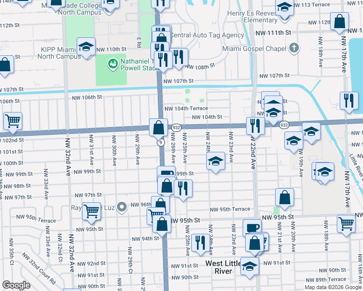 map of restaurants, bars, coffee shops, grocery stores, and more near 10023 Northwest 26th Avenue in Miami