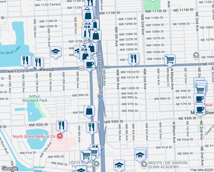 map of restaurants, bars, coffee shops, grocery stores, and more near 596 Northwest 101st Street in Miami