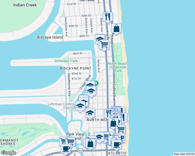 map of restaurants, bars, coffee shops, grocery stores, and more near 8240 Byron Avenue in Miami Beach