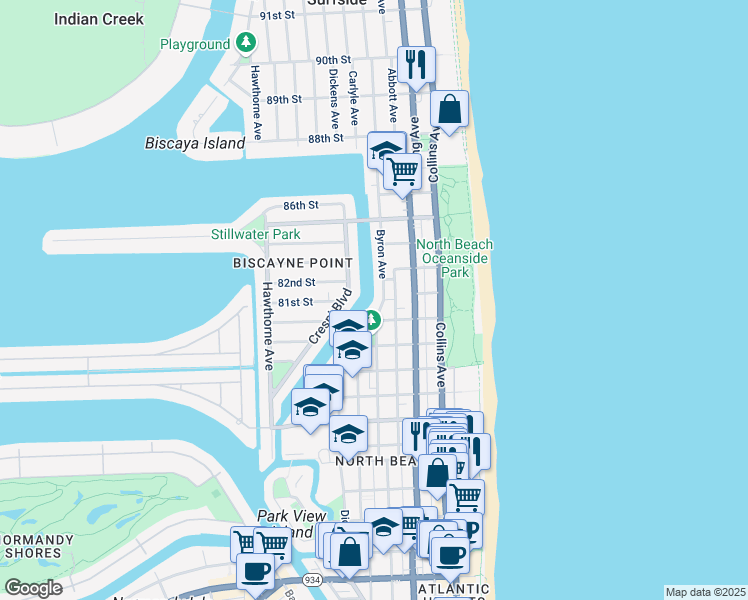 map of restaurants, bars, coffee shops, grocery stores, and more near 8240 Byron Avenue in Miami Beach