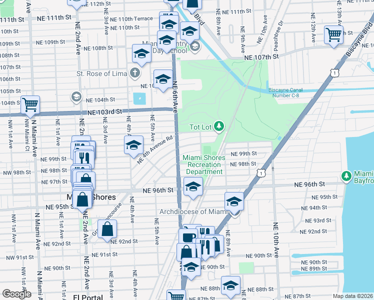 map of restaurants, bars, coffee shops, grocery stores, and more near 675 Grand Concourse in Miami Shores