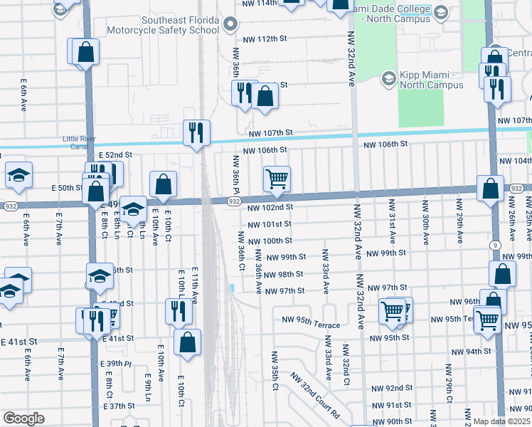 map of restaurants, bars, coffee shops, grocery stores, and more near 3555 Northwest 102nd Street in Miami