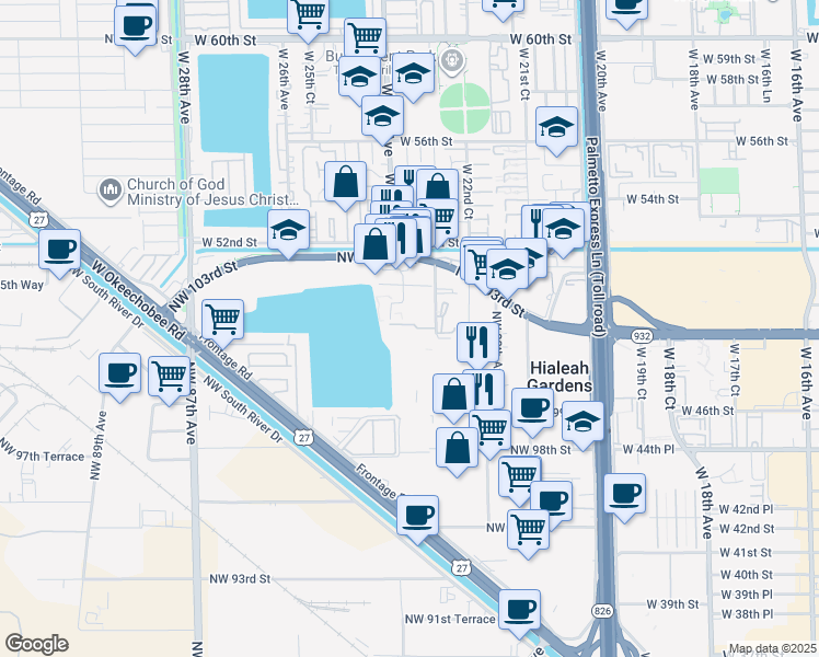 map of restaurants, bars, coffee shops, grocery stores, and more near 208 Royal Palm Road in Hialeah Gardens