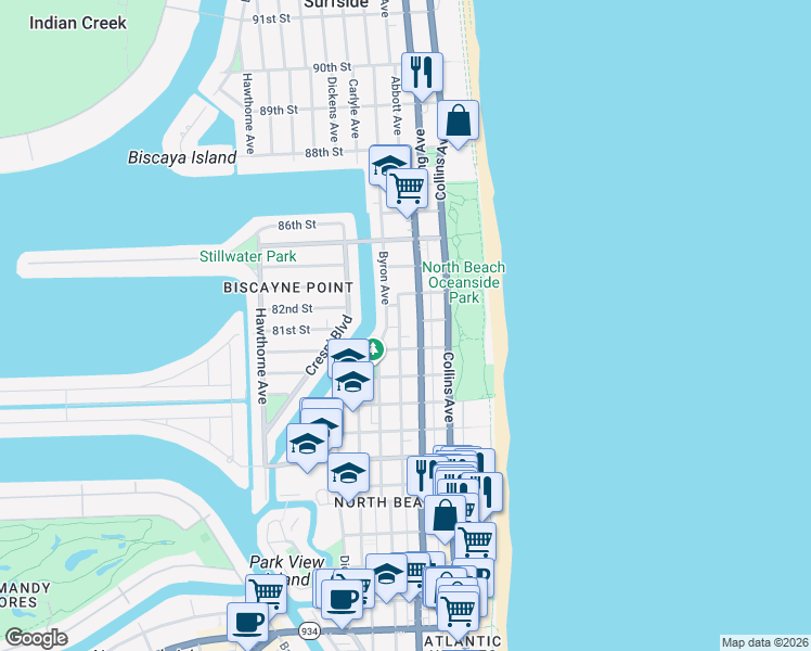 map of restaurants, bars, coffee shops, grocery stores, and more near 8216 Florida A1A in Miami Beach