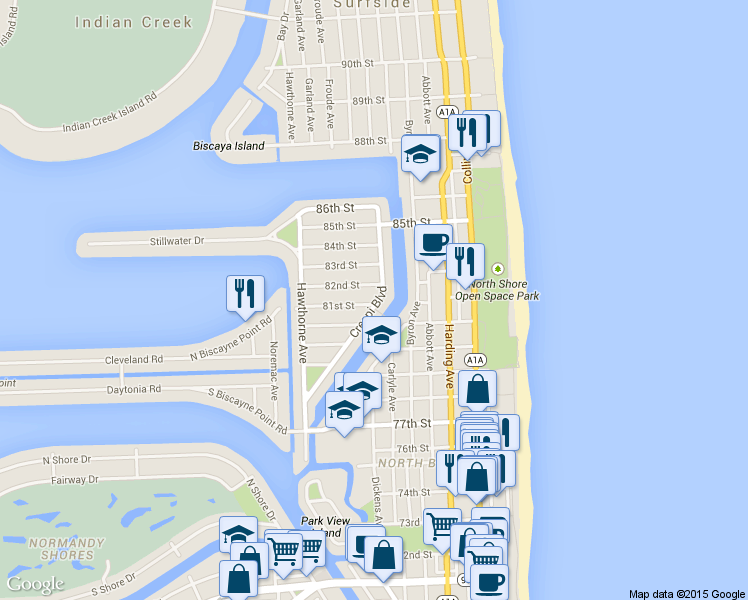 map of restaurants, bars, coffee shops, grocery stores, and more near 626 82nd Street in Miami Beach