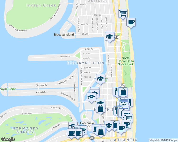 map of restaurants, bars, coffee shops, grocery stores, and more near in Miami Beach