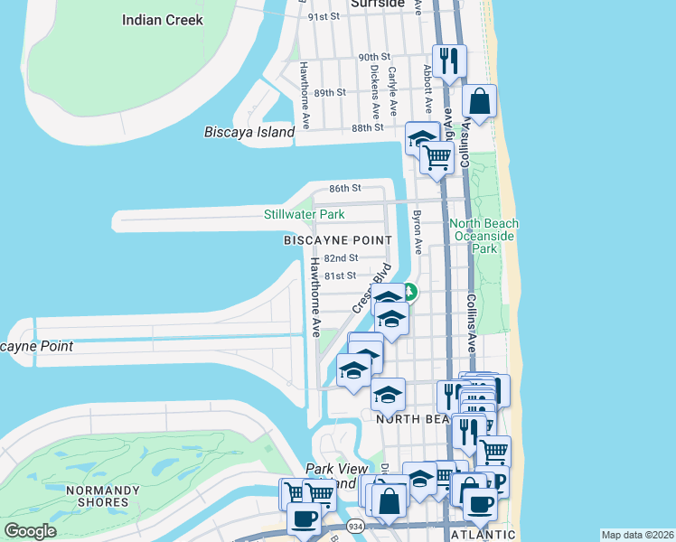 map of restaurants, bars, coffee shops, grocery stores, and more near in Miami Beach