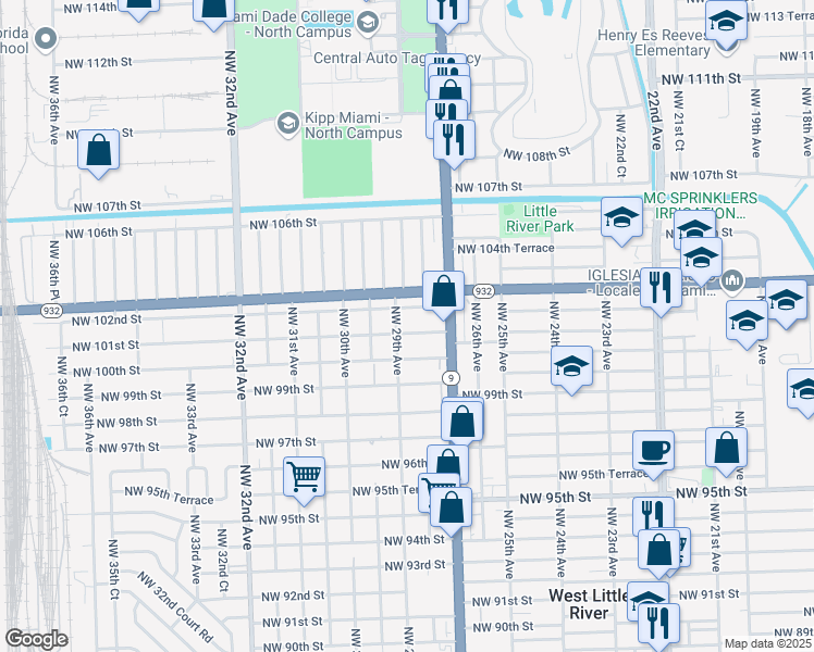 map of restaurants, bars, coffee shops, grocery stores, and more near 2810 Northwest 102nd Street in Miami