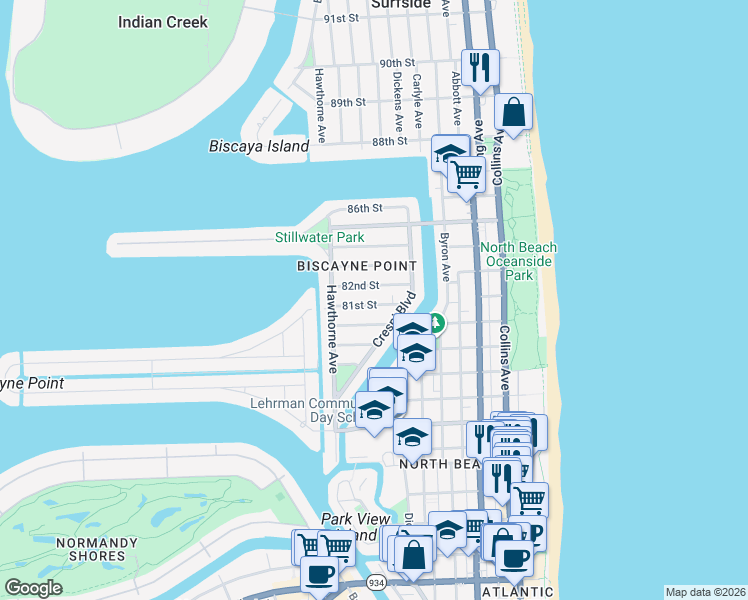 map of restaurants, bars, coffee shops, grocery stores, and more near in Miami Beach