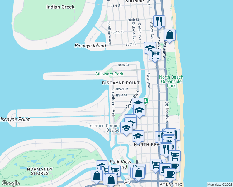 map of restaurants, bars, coffee shops, grocery stores, and more near 847 81st Street in Miami Beach