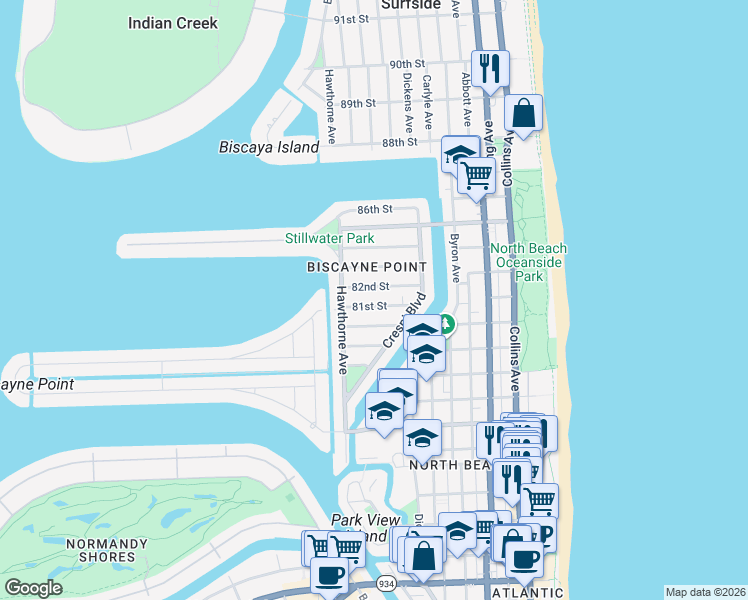 map of restaurants, bars, coffee shops, grocery stores, and more near 795 81st Street in Miami Beach