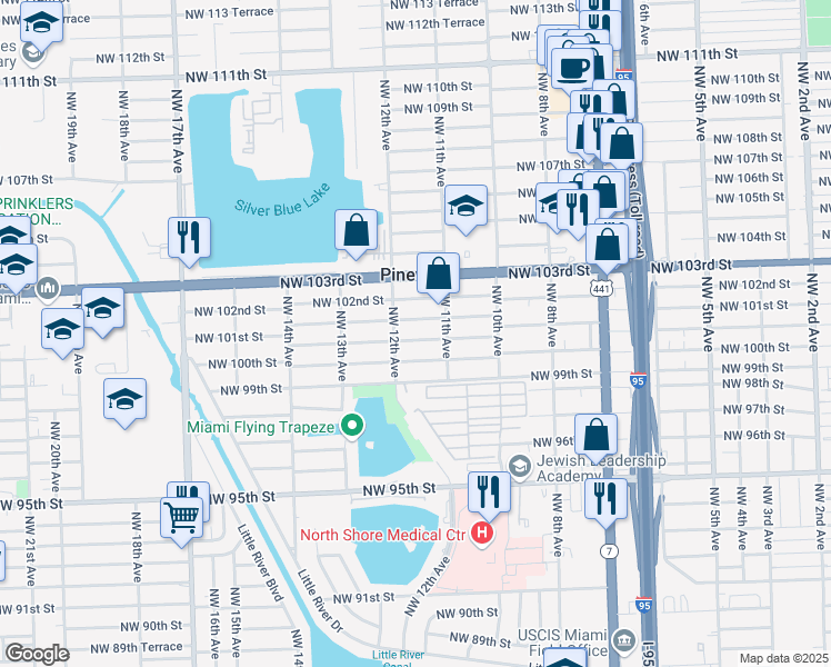 map of restaurants, bars, coffee shops, grocery stores, and more near 1149 Northwest 101st Street in Miami